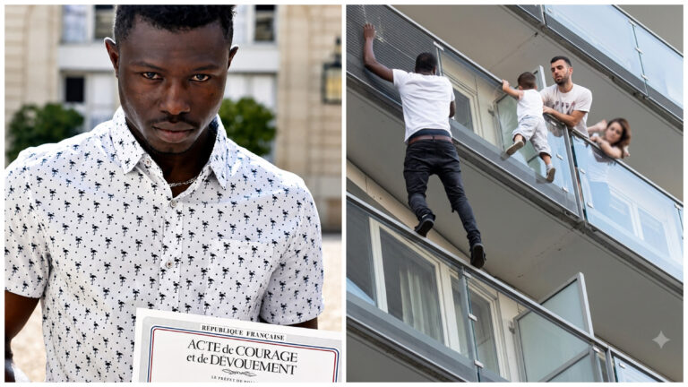 IMMIGRANT SCALED A BUILDING WITH HIS BARE HANDS TO SAVE A 4-YEAR-OLD BOY WHO WAS FALLING FROM THE BALCONY.  AFTER THE RESCUE, HE WAS GRANTED FRENCH CITIZENSHIP AND INVITED TO JOIN THE FRENCH FIRE DEPARTMENT.