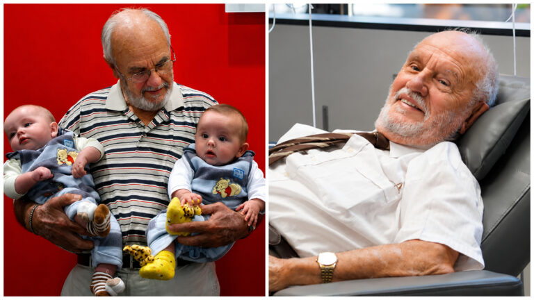 THIS IS JAMES HARRISON, KNOWN AS “THE MAN WITH THE GOLDEN ARM”.  HIS RARE BLOOD SAVED MORE THAN 2.4 MILLION BABIES OVER 60 YEARS OF DONATIONS