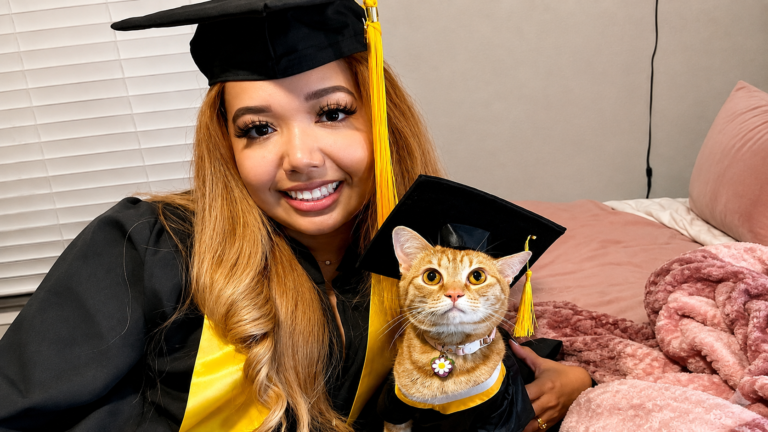 AFTER WATCHING ALL THE CLASSES, THIS LITTLE KITTY ALSO GRADUATED FROM COLLEGE WITH HER OWNER