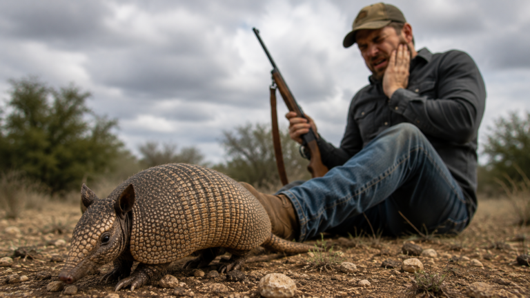 A TEXAS MAN SHOT AN ARMADILLO THREE TIMES, BUT ONE OF THE BULLETS RICOCHETED OFF ITS ARMORED SHELL AND SHATTERED HIS JAW
