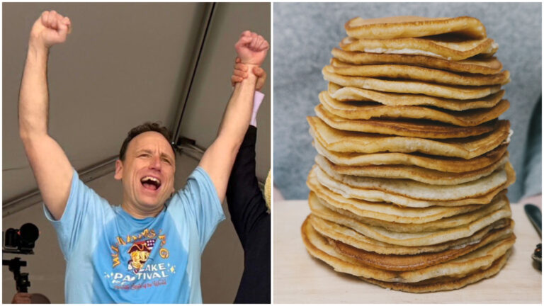 JOEY CHESTNUT DEVOURS 40 PANCAKES IN 10 MINUTES TO SET WORLD RECORD
